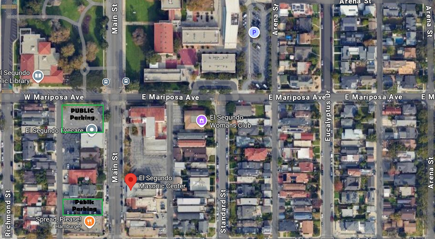 Map showing the El Segundo Masonic Center at 520 Main St and the free public parking lots on Main Street