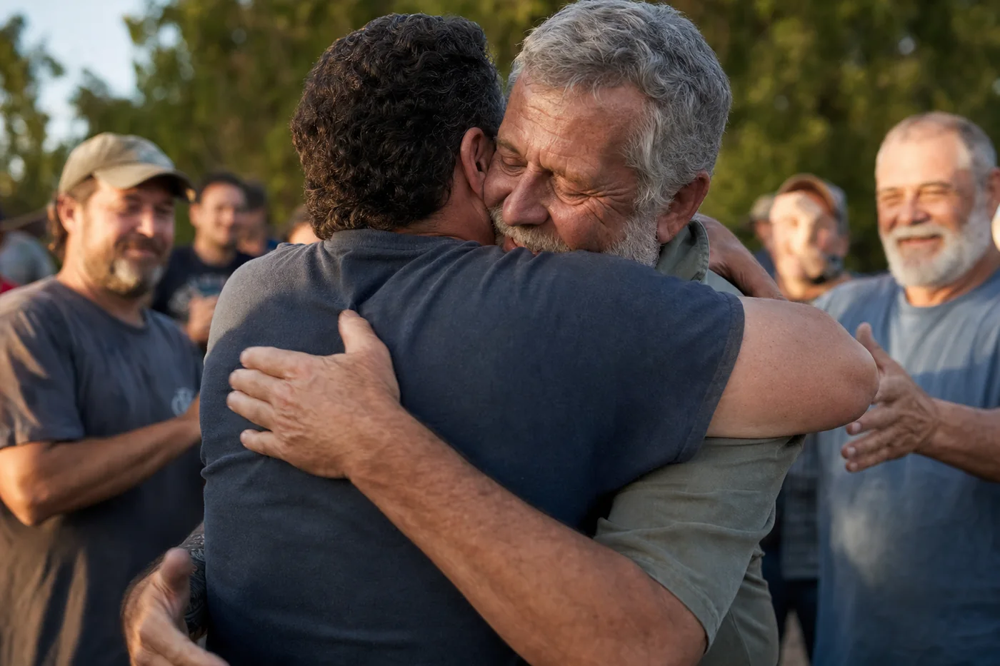 Two men holding each other in a strong embrace while other men look on at a men's weekend