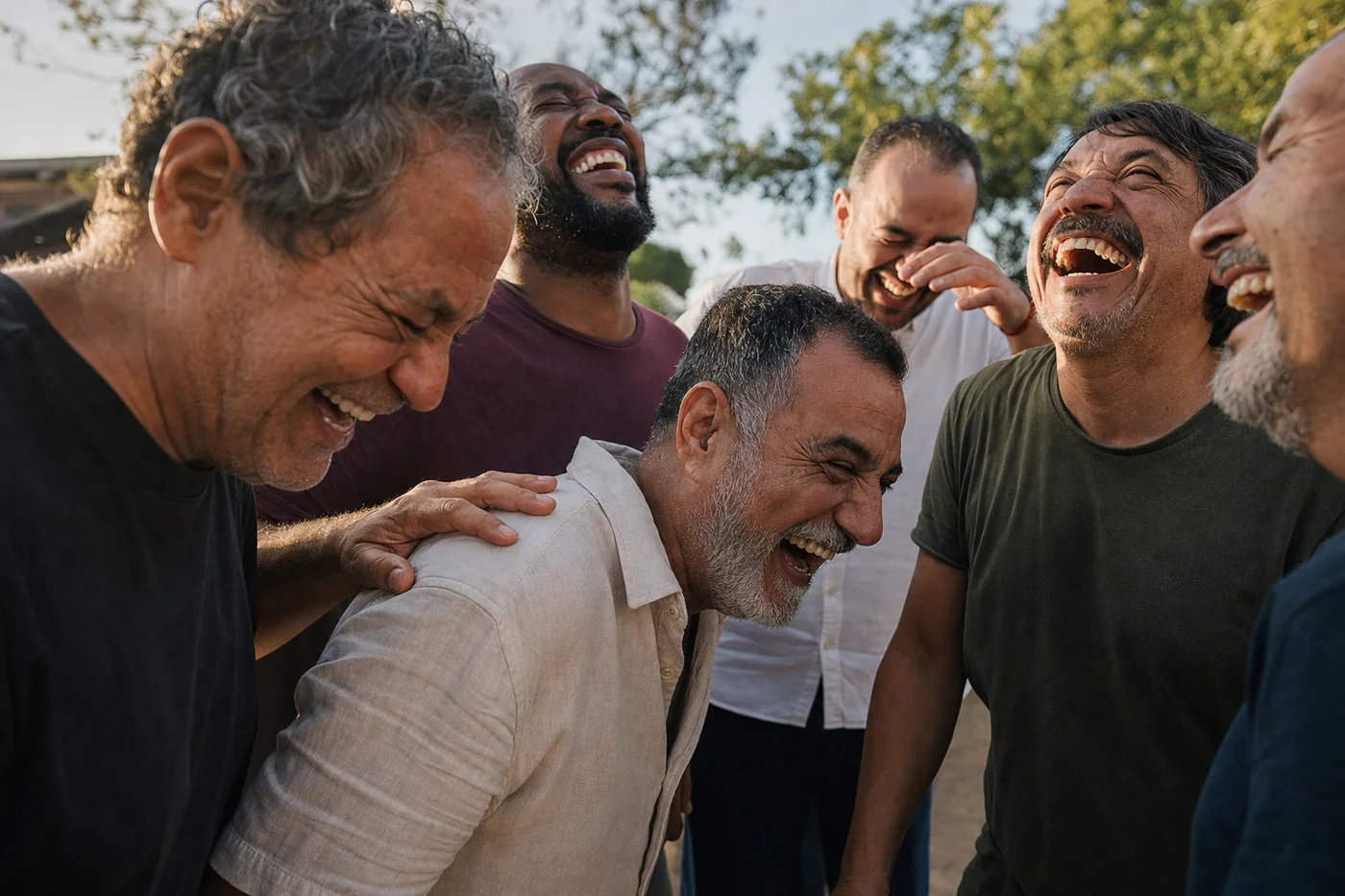 Six men laughing hard together outdoors, one doubled over, at the Kaizen Men's Weekend in El Segundo