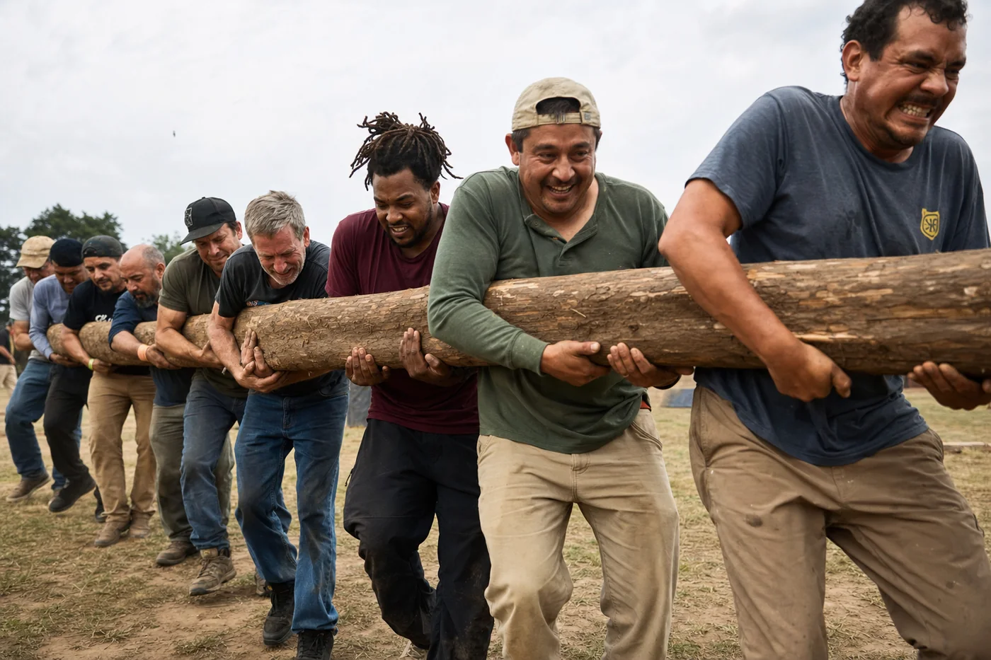 A line of men of mixed ages carrying a heavy log together across open ground at a men's weekend