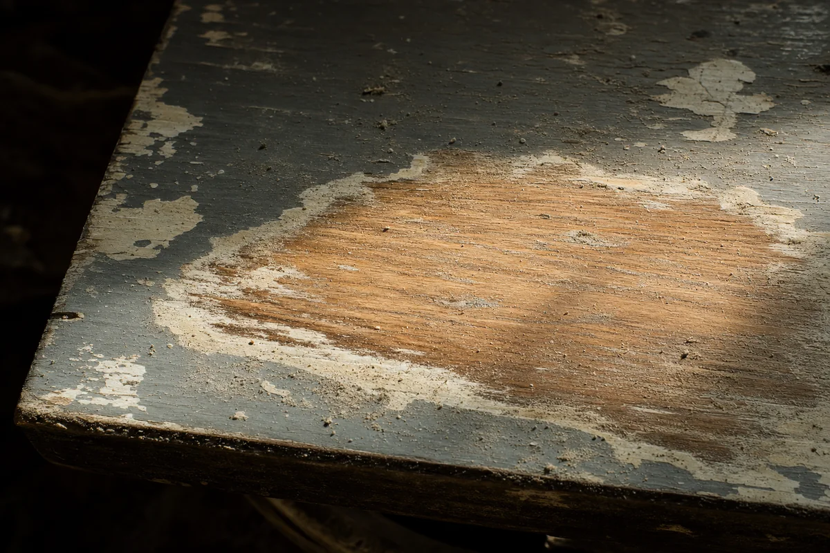 Old painted wood sanded back in one patch to the raw grain underneath