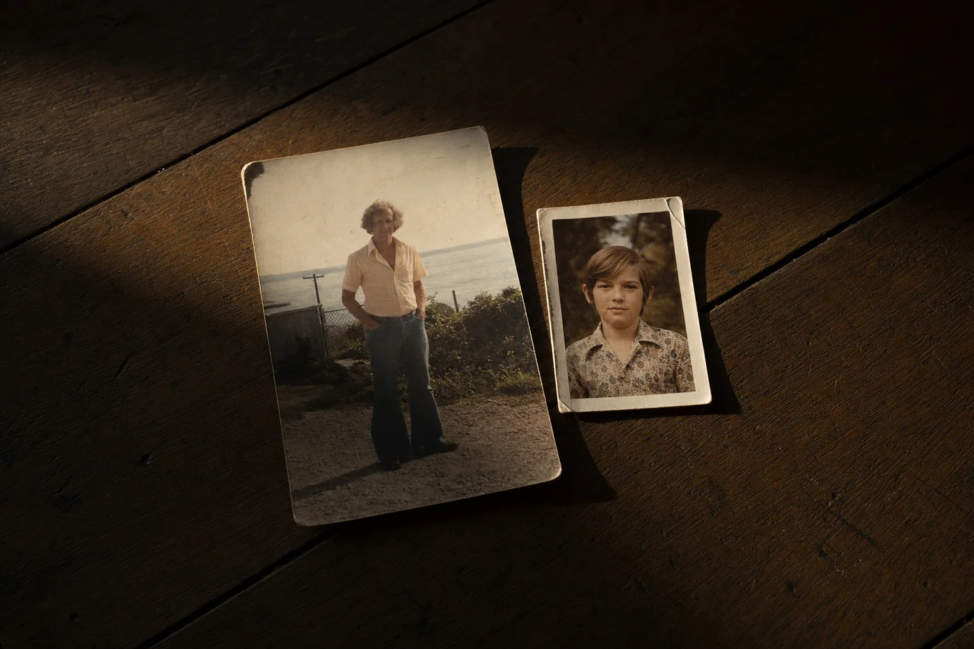 Two old printed photographs on a wooden floor, one of a man and one of a boy, the two pictures every man is asked to bring to the Kaizen Men's Weekend